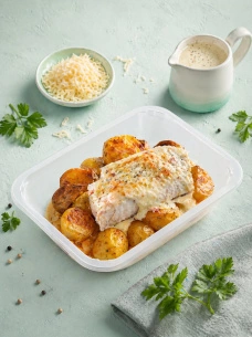 Треска запеченная в сливочном соусе с сыром и печеным картофелем